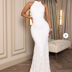 Fashion Nova White High-Neck Maxi Gown